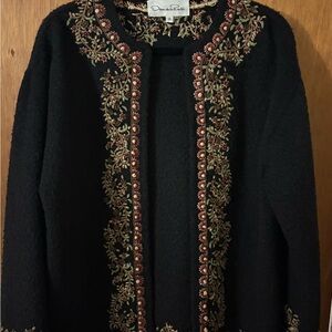 Oscar de la Renta Black Cardigan with Floral Embroidery